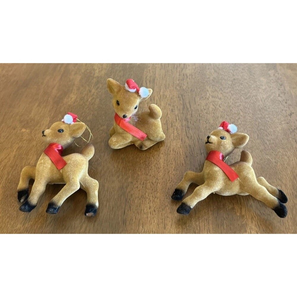 Set of 3 Vintage Adorable Flocked Reindeer Santa Hats Ornaments Christmas Decor